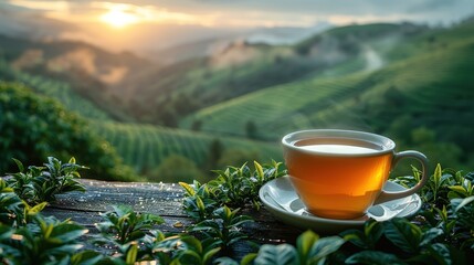 Cup of hot tea and leaf on the wooden table with the tea plantations background