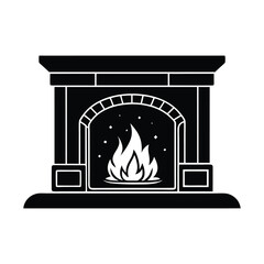 Cozy Fireplace Christmas Day Silhouette Vector Elements on White Background.