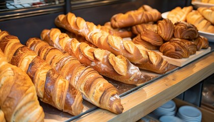 Freshly baked bread and pastries displayed on a bakery counter.  The golden brown crusts are inviting and delicious.  Perfect for a breakfast or snack.