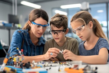 Fototapeta premium In an after-school robotics club, a female teacher aids students in assembling a small robot, inspiring future scientists in elementary school