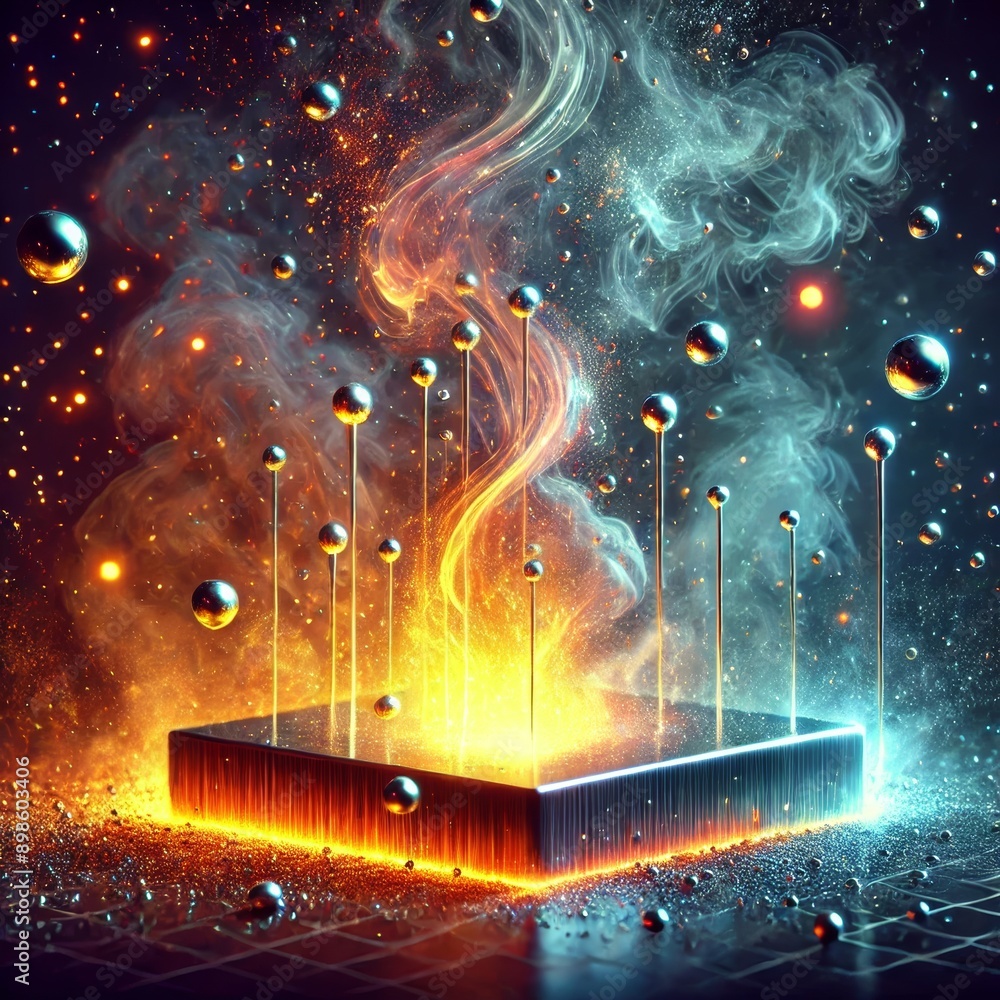 Poster 3d animation of a futuristic technological device emitting glowing light and energy, surrounded by f