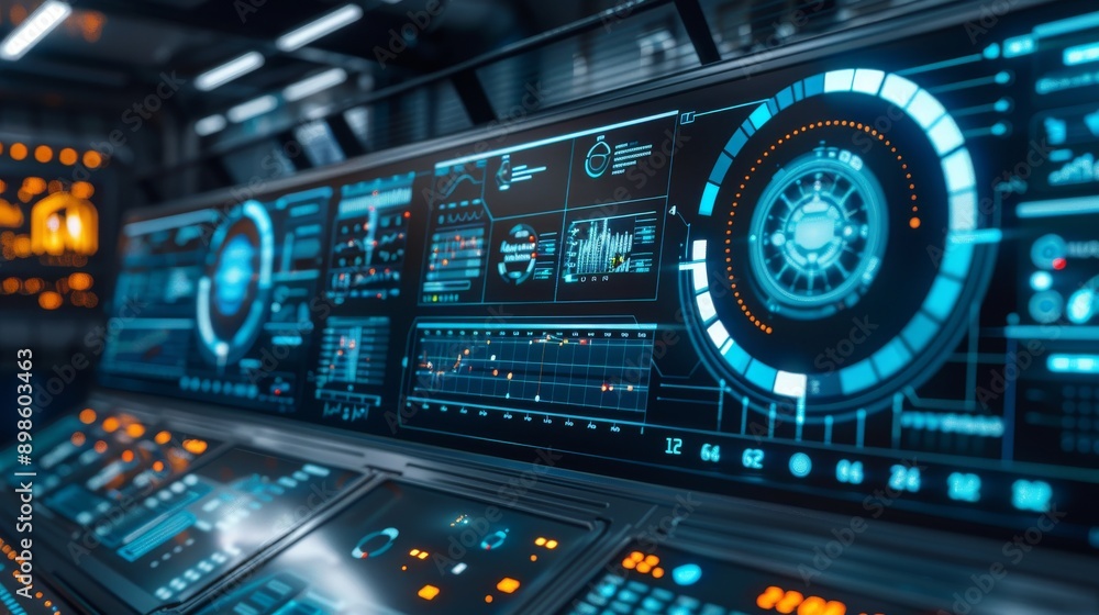 Poster futuristic control panel with glowing blue and orange displays. sci-fi interface with advanced techn