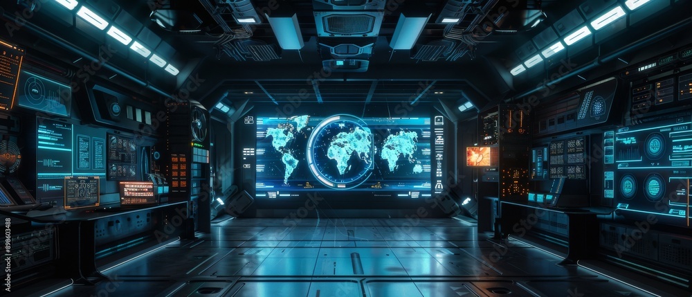 Aufkleber futuristic control room with world map display and glowing screens.