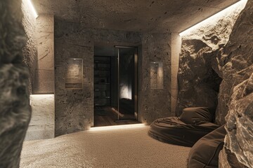 Fototapeta premium Modern minimalist interior design with a rock wall and a comfy lounge chair.