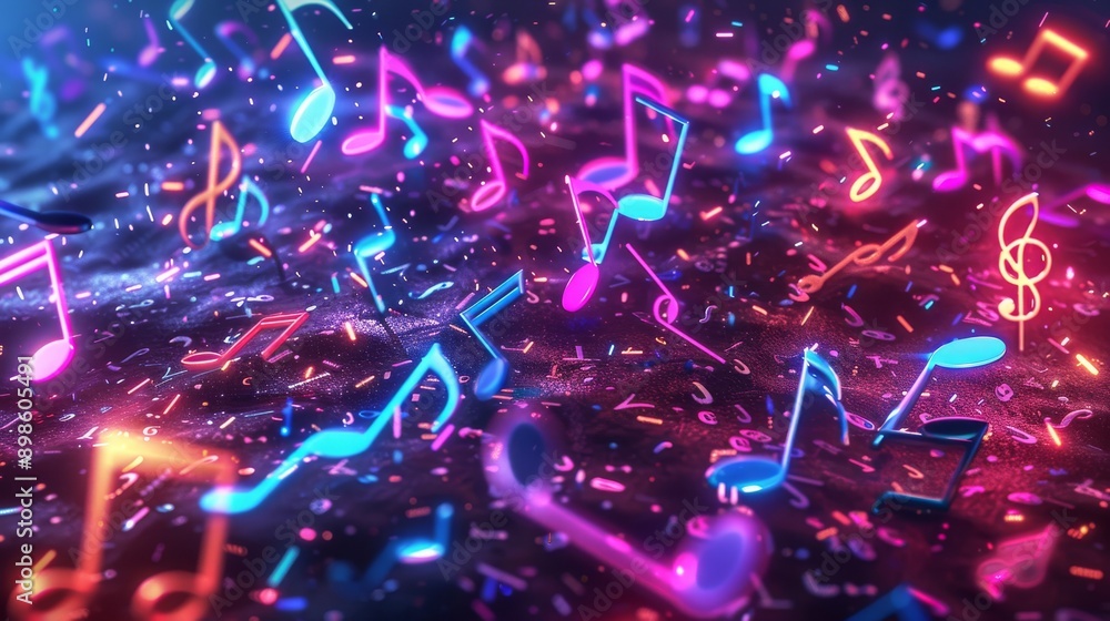 Poster neon music notes float in a dark, vibrant space. a dynamic and colorful abstract image perfect for m