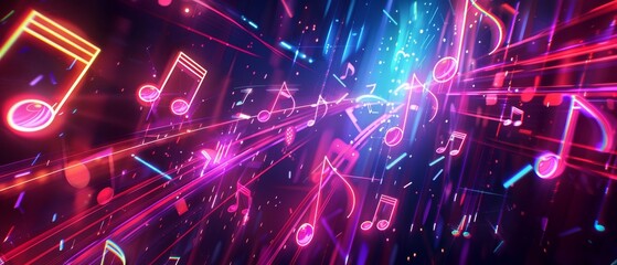 Neon music notes glowing in a colorful, abstract background.