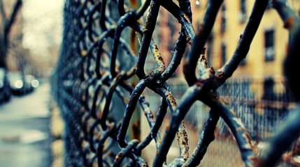 "Beautiful details of a medium shot chain-link fence in fine close-up"
