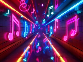 Neon music notes in a glowing tunnel.  A vibrant abstract design.  Perfect for music, art, and entertainment.
