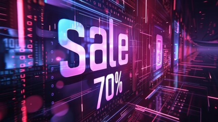 Neon "Sale 70%" sign on a digital background.