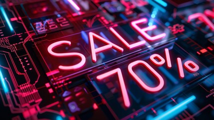 Neon "Sale" and "70%" signs glow brightly against a futuristic digital background.