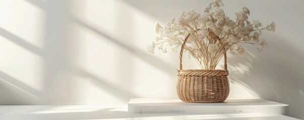Minimalist wicker basket with dried flowers in sunlight on white surface