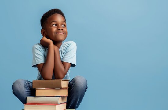 A young boy wearing a blue shirt is sitting with a stack of books against a solid blue background, smiling. Back to school concept with copy space.