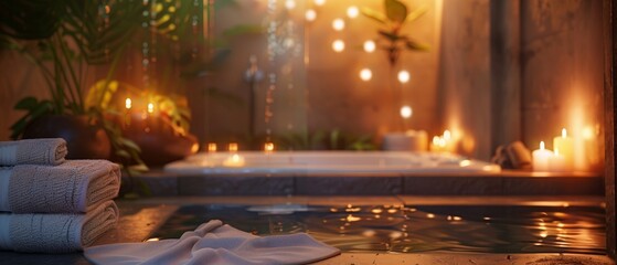Obraz premium A luxurious spa setting featuring a serene hot tub surrounded by candles and lush greenery, creating a tranquil and relaxing atmosphere.