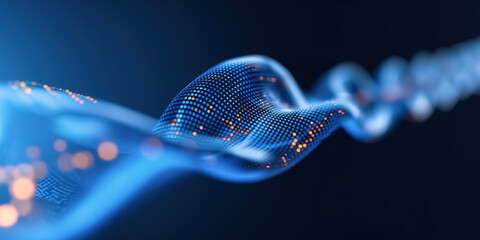 Stunning abstract image of a flowing digital wave with blue light particles and orange highlights, representing data flow and advanced technology in a futuristic style.