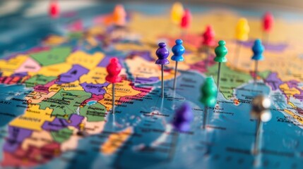 Obraz premium Survey Insights: Colorful Pins Map Global Participation