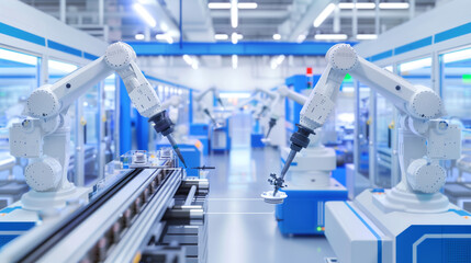 a state-of-the-art precision engineering facility showcasing automated robotic arms and CNC machines working in tandem. The environment is sterile and futuristic, with blue and whi