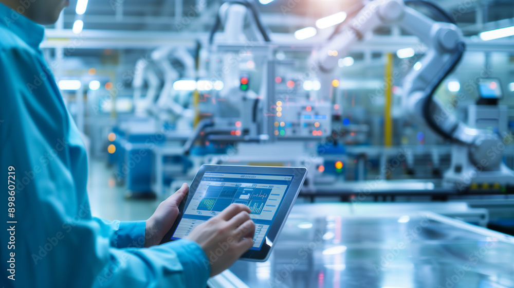 Poster a worker in a modern factory using a tablet to monitor industrial machines. the background shows an 