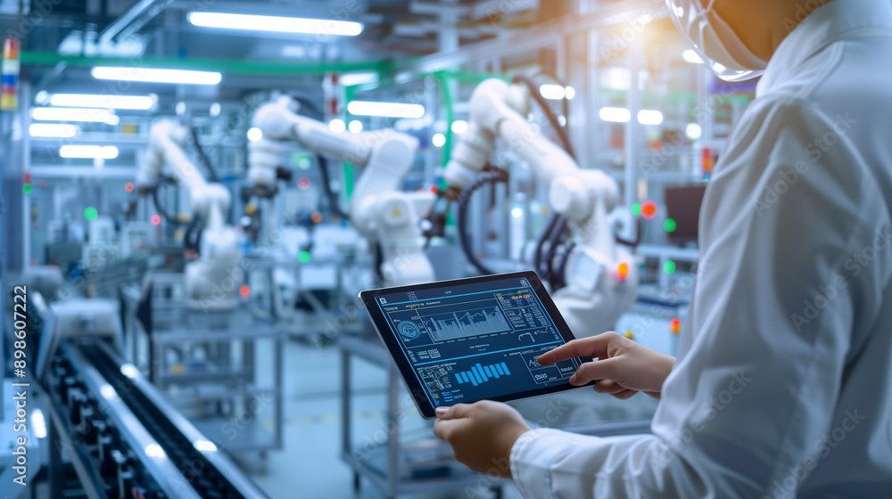 Poster a worker in a modern factory using a tablet to monitor industrial machines. the background shows an 