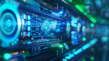 Fototapeta premium a close-up of a futuristic industrial machine with complex gears and digital interfaces. The machine is sleek and modern, with glowing blue and green lights. The background is slig