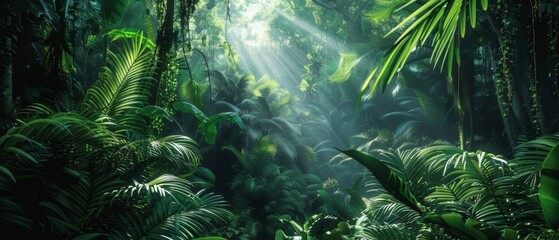 Sunlight peeks through dense jungle foliage.