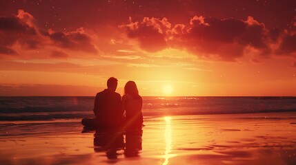 A couple sitting on a beach at sunset, holding hands and sharing a quiet, intimate moment.