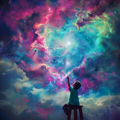 Magical child sitting on a stool reaching up with a wand towards a swirling vivid nebula in the enchanting night sky  Shades of pink purple green and blue create a captivating