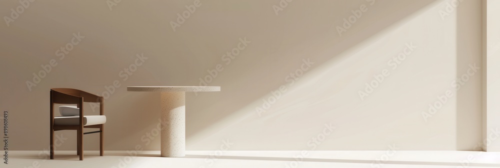 Aufkleber A single chair and a round table are in a bright, minimal white room with a large window and natural light. Generative AI