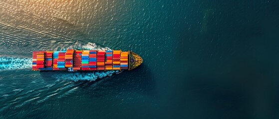 Vibrant Cargo Journey Aerial View of a Container Ship Laden with Colorful Freight Sailing Across the Ocean