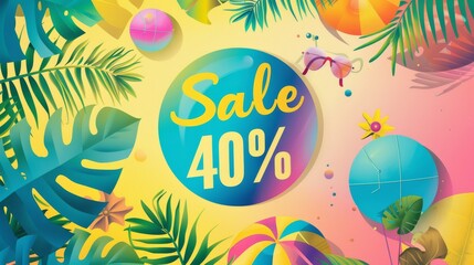 Tropical summer sale banner with 40% off, featuring vibrant leaves, beach balls, and sunglasses.