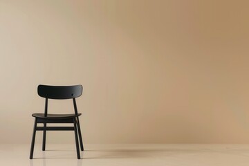 A single black wooden chair sits in front of a tan wall. Generative AI