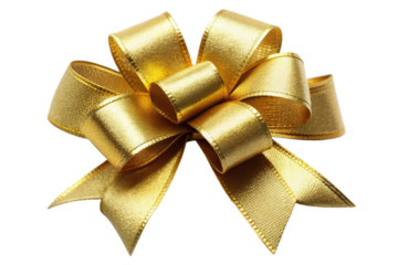 Beautiful golden ribbon bow, perfect for gift wrapping and decoration. Isolated on transparent background, png.