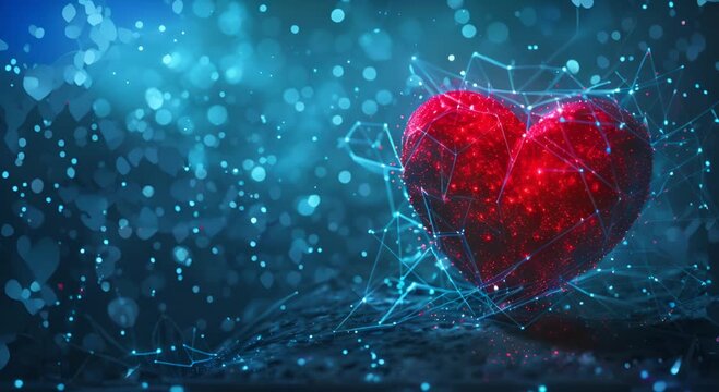 A heart is surrounded by a web of lines and is surrounded by a blue background. The heart is red and he is broken