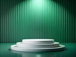 Stylish white podium on emerald background, even light distribution, modern and chic. High quality illustration