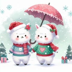Two adorable llamas wearing Santa hats and sweaters stand under a red umbrella in a snowy winter wonderland.