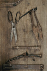 Set of forged authentic products of the 17th century in museum. Nails, scissors, clamps, vertical...