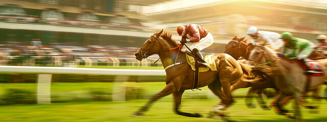 Horse racing. Jockeys fighting for first place, in the background viewers in the blur.
