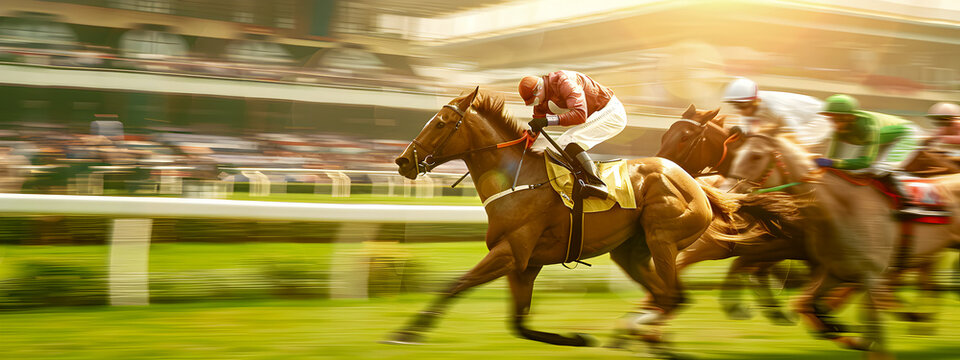 Horse racing. Jockeys fighting for first place, in the background viewers in the blur.