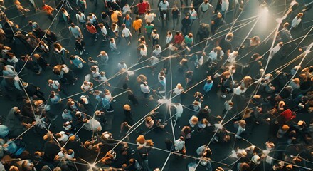A crowd of people are connected by a web of lines. Concept of unity and togetherness among the people