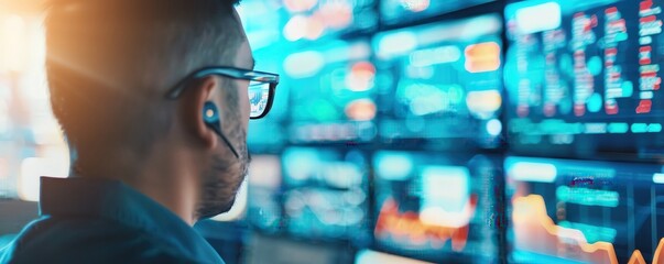 Finance professional monitoring stock market data on multiple screens, analyzing investment strategies in a modern office environment.