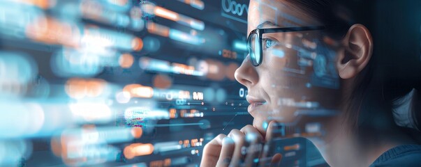 Focused woman analyzing computer data with code reflections, representing technology, cyber security, and programming concepts.
