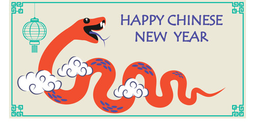 Chinese New Year 2025, the year of the snake, red and gold line art characters, simple hand-drawn Asian elements with craft (Chinese translation: Happy Chinese New Year 2025, year of the snake)