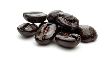 A detailed and hyper-realistic close-up shot of coffee beans, showcasing their texture and color. Isolated on white background.