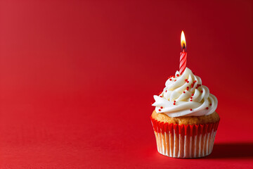 Tasty cupcake with candle on color background, space for text 