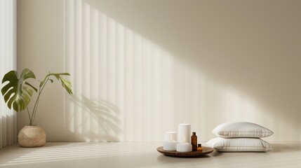 A cozy meditation corner with cushions, candles, and a small table with essential oils, with copy space, high-resolution photo, realistic photo, hyper realistic