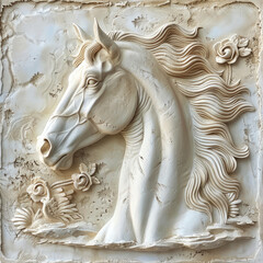 3D bas-relief of a horse close-up in vanilla beige tones. Resource, template for creativity, creative interior decor, exterior facade decor, printing on fabric, posters, in catalogs.