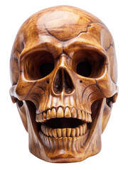 Obraz premium An intricately carved wooden skull showcasing detailed craftsmanship and design. The skull exhibits a rich texture and artistic skill. Isolated on transparent background, png.