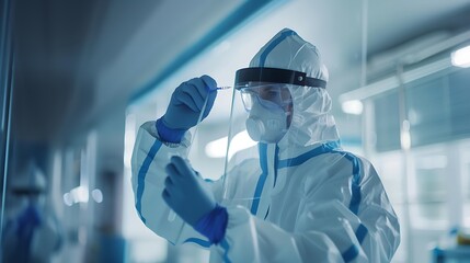 A healthcare worker in full protective gear taking a swab test.