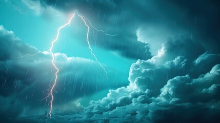 A dramatic portrayal of a stormy night, with heavy rain, lightning, and dark, turbulent clouds. The illustration creates a sense of intensity and power in the midst of a rainstorm.