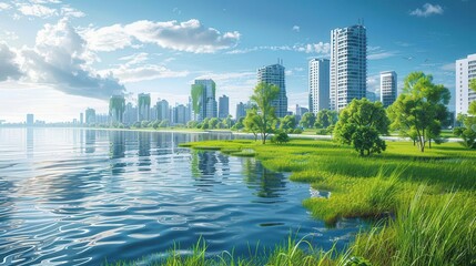 Fototapeta premium Coastal city with sea barriers and green spaces, climate change mitigation, urban resilience