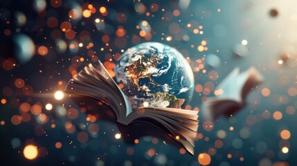 An imaginative illustration featuring books floating around a glowing globe, symbolizing the spread of knowledge across continents and cultures.